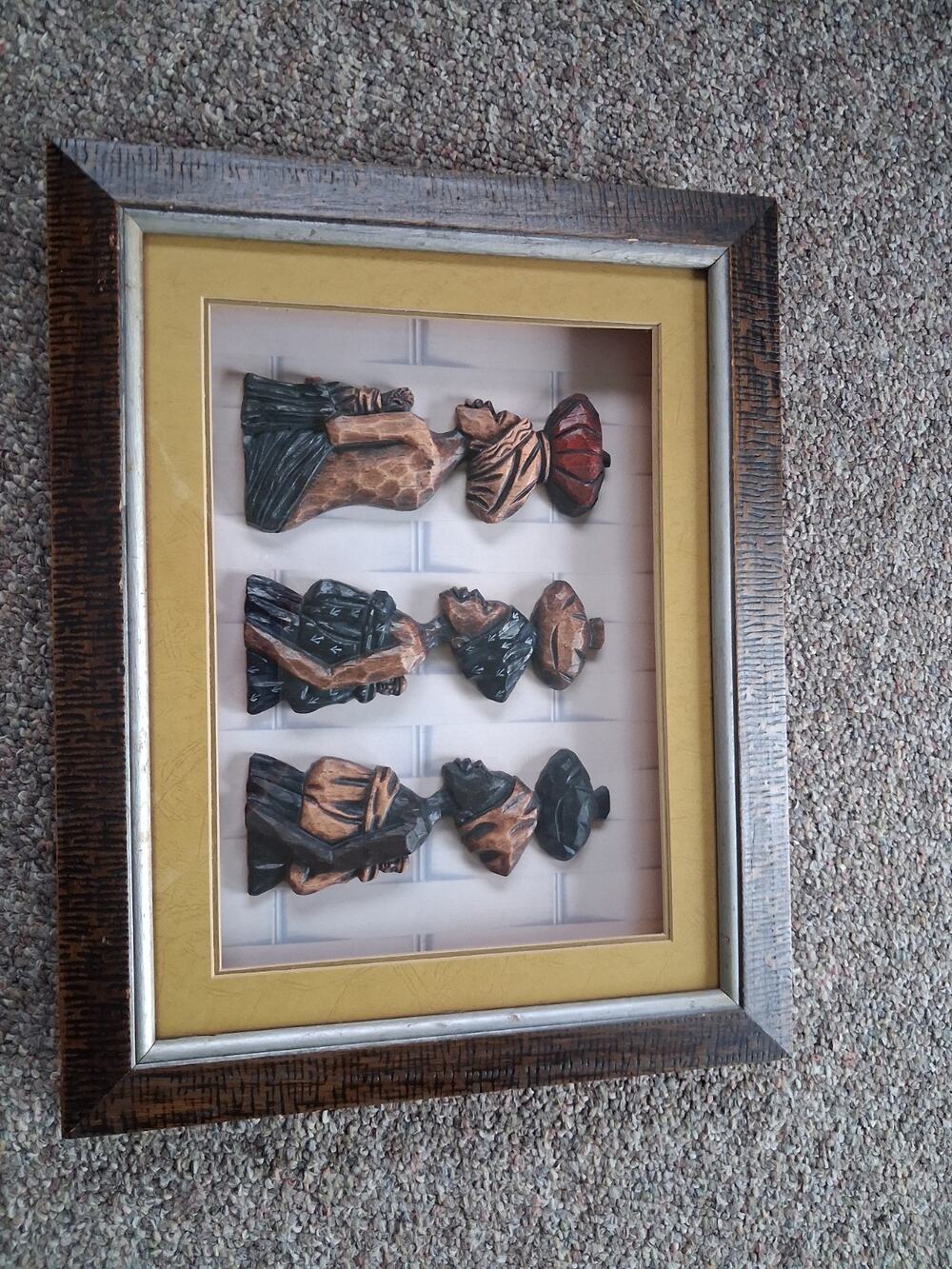 African Woman And Child Handcarved Sculpures Shadow Box.